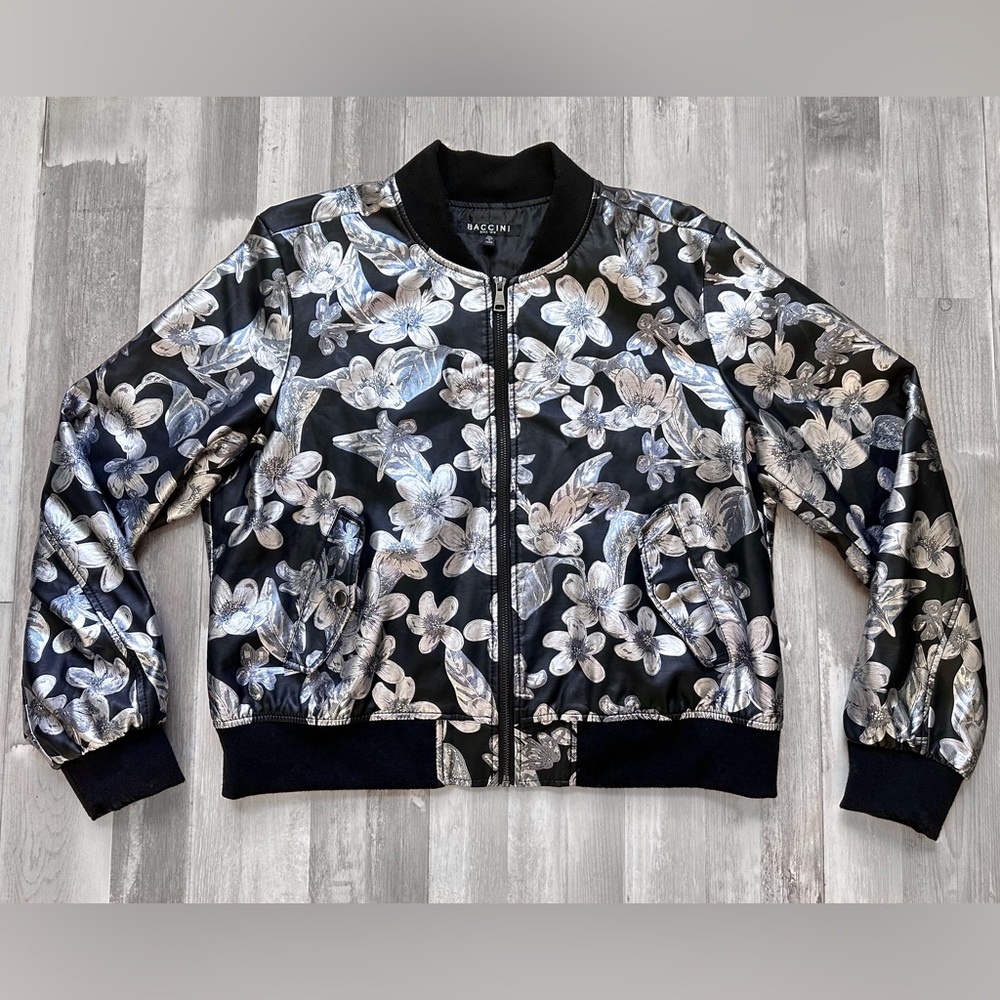 Black & Floral Silver Shimmer Faux Leather Mixed Media Bomber Jacket | Size XL